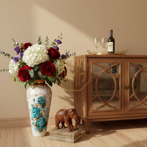 Luxury Iron <b>Floor</b> Flower <b>Vase</b> Blue Floral Enamel Finish with Embossed <b>Gold</b> Neck Decorative Metal <b>Vase</b> for Home Hotel Decor - Product Image 2