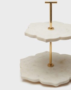 Mármol y madera redondos de dos niveles con varilla de metal dorado Soporte versátil ecológico para pasteles y frutas para cocina y fiestas en el hogar - Product Image 5