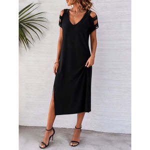 Robe en viscose à manches courtes avec détails latéraux, 37829 - Noir - Product Image 2