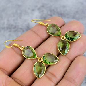 Pendientes colgantes de plata de ley 925 hechos a mano para mujer, a la moda forma de pera, tres piedras preciosas con chapado en oro, regalo de fiesta - Product Image 1