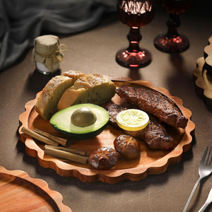 Vente en gros plateau de service vietnamien en bois d'acacia naturel assiettes à dîner pétoncles pour servir des boissons collations Desserts dans le salon - Product Image 4