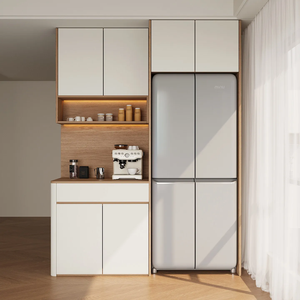 Armoire de rangement de cuisine élégante avec portes en composite bois, niche de préparation du café, sections de garde-manger hautes et design personnalisé sans poignées - Product Image 1