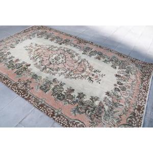 Vintage Rug 5.8x9.3 ft, <b>Brown</b> Pink Floral <b>Wool</b> Turkish Rug - Product Image 2