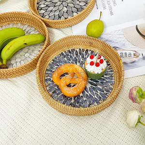 Kitchenware <b>Black</b> Rattan Mother of Pearl <b>Serving</b> <b>Tray</b> with Handles Round Shape Eco-Friendly Best Quality Customizable Size - Product Image 3