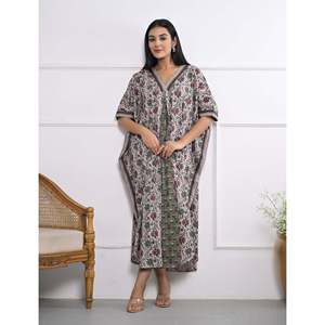 100% Cotton Hand Block Printed <b>Kaftan</b> Elegant Casual Lady Floor-Length Dress for Leisure & Valentine's Day - Product Image 3