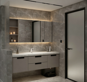 Mueble de <span class=keywords><strong>Baño</strong></span> Personalizado de Color Gris Claro, Montado en la Pared, <span class=keywords><strong>con</strong></span> Lavabo Individual, Encimera de Mármol, Espejo LED, Estantes Abiertos <span class=keywords><strong>y</strong></span> Cajones de Almacenamiento - Product Image 4