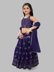 Shoryam - Lehenga Choli de Georgette Azul Marino para Niñas, con Lentejuelas y Dupatta; Ropa Étnica Infantil para Fiestas en Todas las Temporadas - Product Image 3