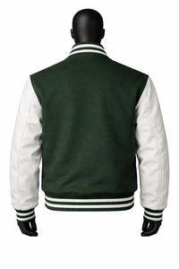 Chaqueta Varsity Personalizada Verde y Blanca, Chaqueta de Béisbol Letterman, Cuerpo de Lana, Mangas de Cuero PU, Fabricante de Marca Privada OEM - Product Image 3