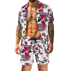 कस्टम लोगो पुरुषों की सॉफ्ट रेयॉन हवाईयन शर्ट्स पूरी तरह से डिजिटल प्रिंट हवाईयन शर्ट और पुरुषों के लिए छोटा दो पीस सेट
