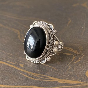 Elegant Black Onyx <b>Ring</b> 925 Sterling Silver Oval Cabochon Antique Design <b>Statement</b> Jewelry - Product Image 1