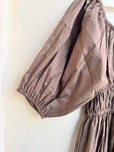 Robe en coton à encolure en cœur pour femmes Robe midi décontractée à manches bouffantes avec poche marron - Product Image 2