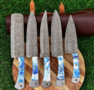 Ensemble de 5 couteaux de cuisine en acier damas faits à la main Lames en acier au carbone Fourreau en cuir pur comprenant un couteau à steak couperet du chef - Product Image 2