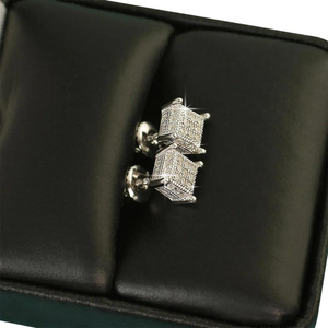 Lab Grown Round Cut Diamond Studded Hip-Hop <b>Earring</b> in 925 <b>Sterling</b> <b>Silver</b> Small 3D Cube Style <b>Men</b> and Women <b>Earrings</b> - Product Image 6
