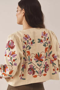 Boho Floral Embroidered Dyed Cotton Suzani Anti-Wrinkle Autumn <b>Jacket</b> <b>Women</b> Long <b>Sleeve</b> Ethnic Style <b>Short</b> Coat Windproof - Product Image 3