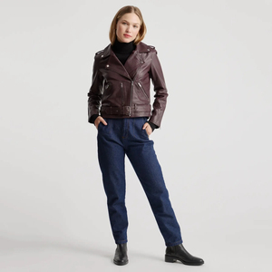 Luxury <b>Women</b> <b>Vintage</b> Genuine <b>Leather</b> Moto <b>Jacket</b> Belted Hem Asymmetric Zip Snap Lapel Multi Pocket Slim fit Fashion Outerwear - Product Image 3