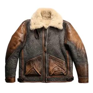 Hiver Haute Qualité Plus Size Vintage Véritable Manteau en Cuir de Mouton Shear-ling Bomber Jackets - Product Image 1