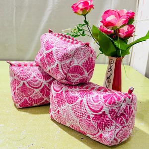 Juego de 3 bolsos acolchados de algodón con estampado de bloques bohemios con cierre de cremallera para mujer, almacenamiento de maquillaje grande, mediano y pequeño - Product Image 5