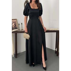 Robe en satin noir avec fente - Noir - Product Image 4