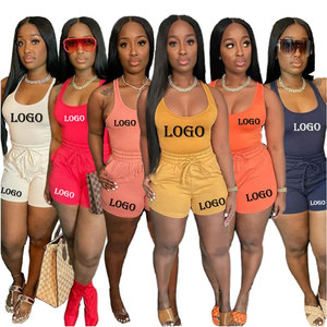 Nuevo Conjunto Deportivo de 2 Piezas para Mujer, Estampado, Tirantes Finos, Estilo Casual, Verano, Spandex/Algodón, Transpirable, Shorts - Product Image 1