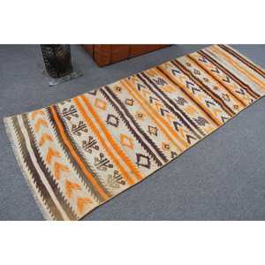 พรมตุรกีขนาด 2.7x8.1 ฟุต, พรมวินเทจลายเส้น, พรมลายต้นไม้และพืชสีส้มน้ำตาล - Product Image 2