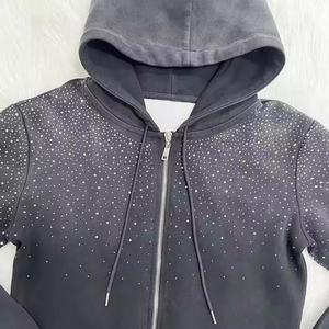 New Arrival Acid Wash Streetwear Hooded Heavyweight Solid Warm Winter Rhinestone <b>Tracksuit</b> High Quality Custom Logo Cotton - Product Image 6