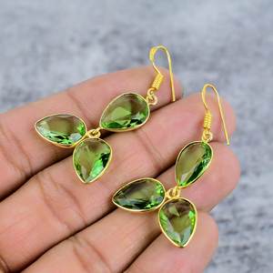 Pendientes colgantes de plata de ley 925 hechos a mano para mujer, a la moda forma de pera, tres piedras preciosas con chapado en oro, regalo de fiesta - Product Image 3