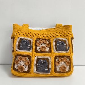 Sac carré à bandoulière marron pour femme, fait main, créatif, avec motif chaton de dessin animé, fermeture éclair, broderie, deux poignées portables, tendance - Product Image 1