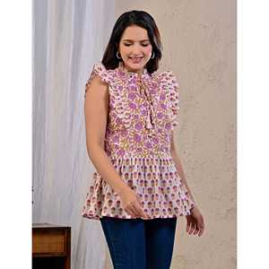 Haut chic pour femme imprimé floral blanc et rose en coton et soie popeline, avec dentelle brodée et col asymétrique, tailles XL XXL pour l'automne - Product Image 5