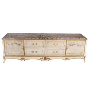 Meuble TV classique de luxe en bois ivoire avec détails floraux peints à la main - Product Image 1