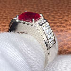 Bague de promesse classique en moissanite, pierre précieuse rouge rubis, taille radiant, taille asscher, unisexe, argent sterling 925 plaqué rhodium, anniversaire - Product Image 2
