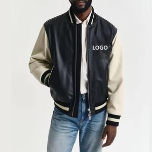 Veste universitaire en cuir pour homme sur mesure, logo brodé de la marque, doublure matelassée, fermeture éclair, col montant, manches contrastées, blouson bomber - Product Image 1