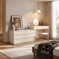 Table de toilette moderne en chêne massif avec armoire latérale extensible, bureau de maquillage de luxe minimaliste avec tiroirs pour chambre à coucher