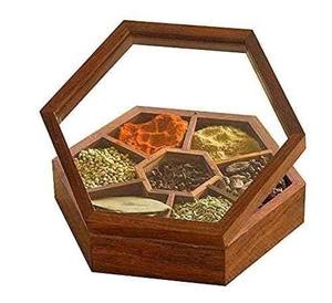 Boîte Masala en bois massif à 9 compartiments Conteneur à épices en bois classique fabriqué à la main avec couvercle Capacité de 100ml Stockage d'assaisonnement - Product Image 1