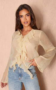 Femmes 100% Polyester mousseline de soie à volants dentelle avant imprimé chemise décontracté Beige XS taille été sans bretelles décolleté jour en gros automne - Product Image 6