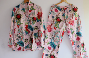 Handblokprint Pyjama Met Bloemenpuur Katoenen Pyjama 'S Set Indian Katoen Nachtkleding Zacht Katoenen Nachtpak Cadeau Voor Haar - Product Image 2