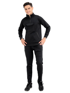 Conjunto completo de ropa deportiva negra para hombre, jersey con media cremallera, Jogger con bolsillos utilitarios, chándal informal de dos piezas, patrón sólido - Product Image 5