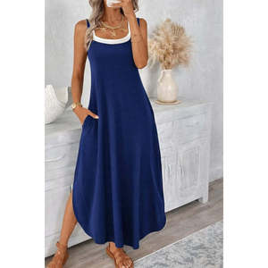 Robe longue en viscose à bretelles et col rond pour femme avec poches, 35588 - Bleu - Product Image 2