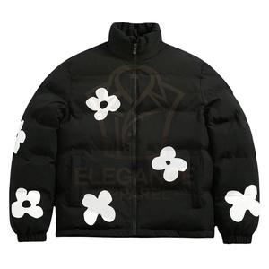 Men's Printed <b>Zip</b>-<b>Up</b> Stand Collar Canvas Fleece Puffer Jacket Waterproof Breathable Winter Warmth in Black <b>White</b> Latest Style - Product Image 2