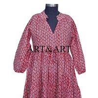 Robe mi-longue décontractée pour femme en coton indien imprimé au bloc, coupe régulière, éco-responsable, faite à la main, à manches longues, motif floral, pour l'été, naturelle