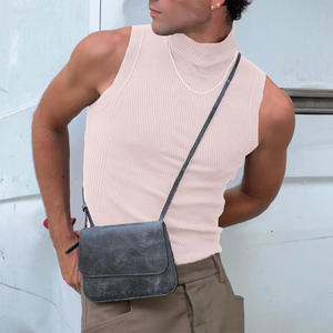 Camisetas sin mangas de cuello alto con logotipo personalizado a la moda, camisetas sin mangas de Color sólido para entrenamiento, camiseta informal acanalada para hombre - Product Image 5