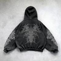 Hoodie Baggy Mewah Ukuran Besar untuk Pria 2025, Desain Bordir Hitam, Efek Acid Wash, Distressed, Bahan Fleece Katun 100% Tebal