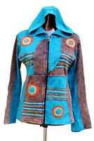 Blouson d'été pour femme en coton écologique respirant, à capuche zippée, avec broderie florale et rayures aux couleurs vives, en peau de mouton tissée