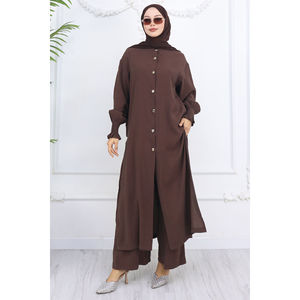 Ensemble décontracté marron café sans manches boutonné, tunique et short en crêpe 2 pièces pour l'été, hauts sans col à coupe courte - Product Image 4