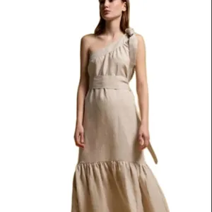 Summer Linen One Shoulder Tea Length Casual Ruffled Linen Resort Wear Women Dresses