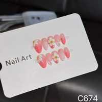 Ongles artificiels faits à la main à pression, forme amande, couvrance totale, motif floral rose glacé, modèle C674