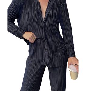 Alta qualità vestiti donna morbidi camicie a maniche lunghe e pantaloni Casual adulti 2 pezzi set di cotone e <span class=keywords><strong>lino</strong></span> tessuto Homewear Suit - Product Image 6