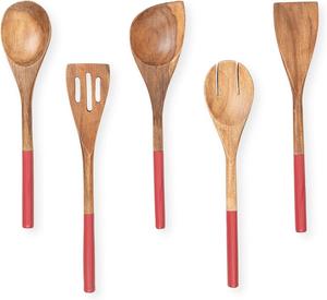 Juego de 5 utensilios de cocina de madera de Acacia para servir ensaladas, cubiertos, cuchara y tenedor, color rojo, estilo moderno, superventas - Product Image 1