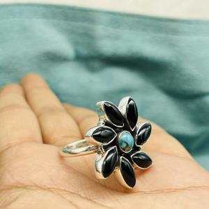Anillo fino de boda elegante de diseñador hecho a mano de Plata de Ley 925, Ideas de regalo de corte de pera turquesa de ónix negro - Product Image 4