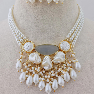 Customizable Pearl Rajnigandha Elegance <b>Necklace</b> Set with Textured <b>Gold</b> <b>Discs</b> and Pearl Tassels for Weddings - Product Image 1