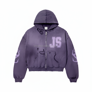 เสื้อมีฮู้ดซิปขนแกะ GSM 380พรีเมี่ยมเสื้อมีฮู้ดสีม่วงโลโก้กำมะหยี่แบบกำหนดเองเสื้อมีฮู้ดแบบมีซิป - Product Image 1